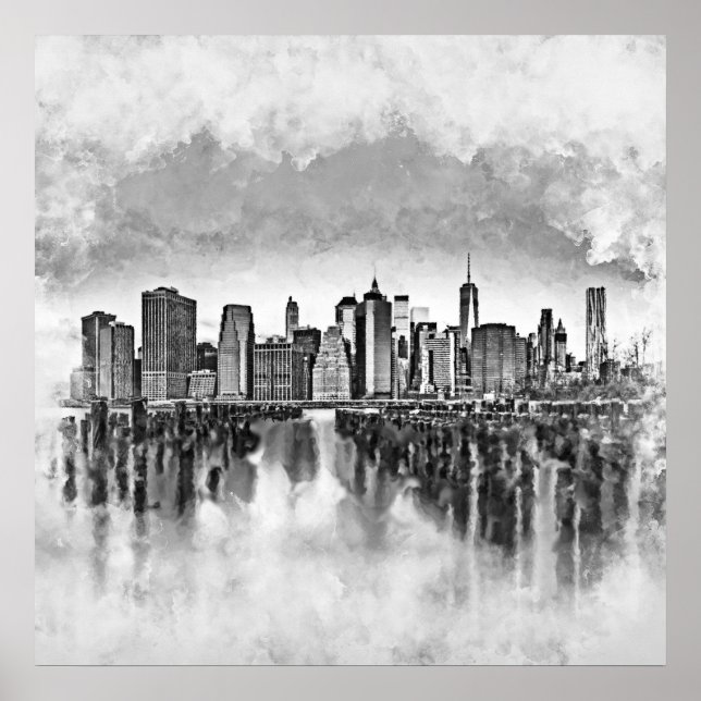 Póster New York City Manhattan Skyline- black and white (Frente)