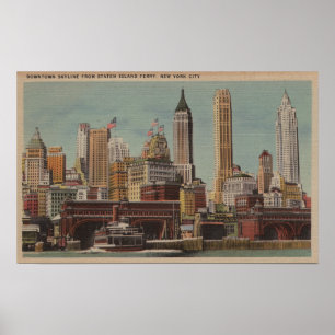 Póster New York, NY - Downtown Skyline from Staten