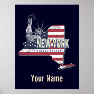 Póster New York State Estados Unidos Retro Map Vintage US