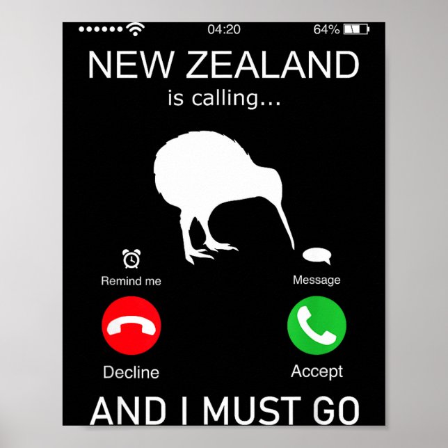 Póster New Zealand Is Calling And I Must Go, Zealand Funn (Frente)