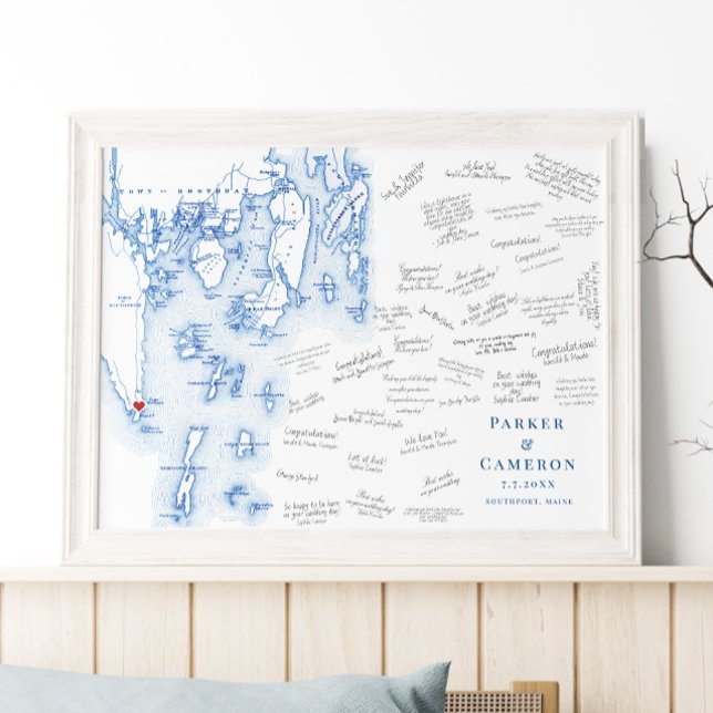 Póster Newagen Southport Boda Poster del Libro de Invitad (Newagen Seaside Inn Wedding Alternative Guest Book Poster Boothbay Harbor Map by Coastal Map Designs)