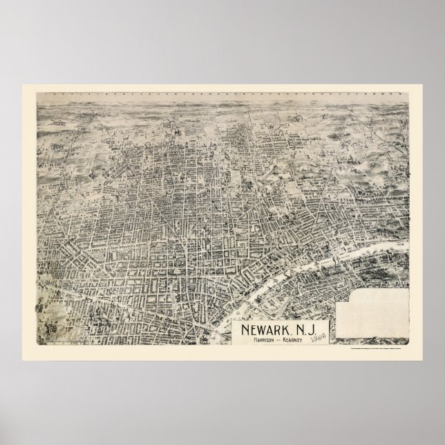 Póster Newark, NJ Mapa Panorámico - 1895 (Frente)