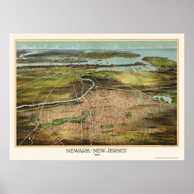 Póster Newark, NJ Mapa Panorámico - 1916 (Frente)
