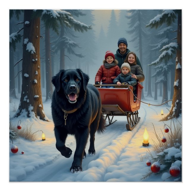 Póster Newfoundland Dog Snowy Sleigh Ride Christmas (Anverso)