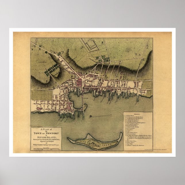 Póster Newport, mapa de la ciudad de RI - 1777 (Frente)