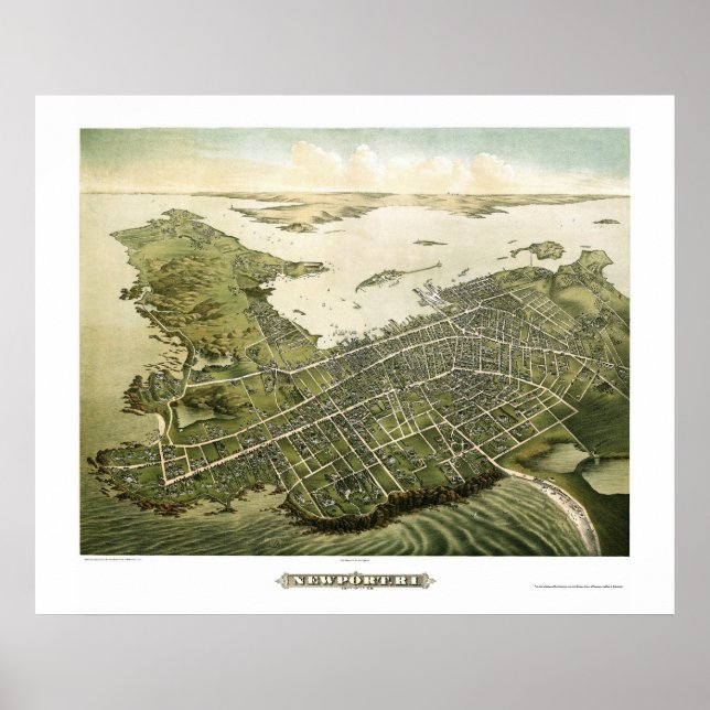 Póster Newport, mapa panorámico de RI - 1878 (Frente)