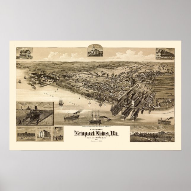 Póster Newport News, VA Panoramic Map - 1891 (Frente)