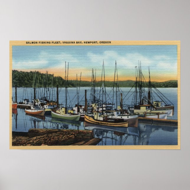 Póster Newport, Oregón - Flota pesquera de salmón en Yaqu (Frente)