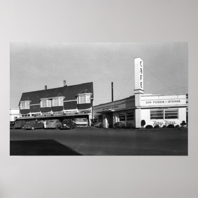 Póster Newport, Oregon View of Bay Way Caf � Fotografía (Frente)