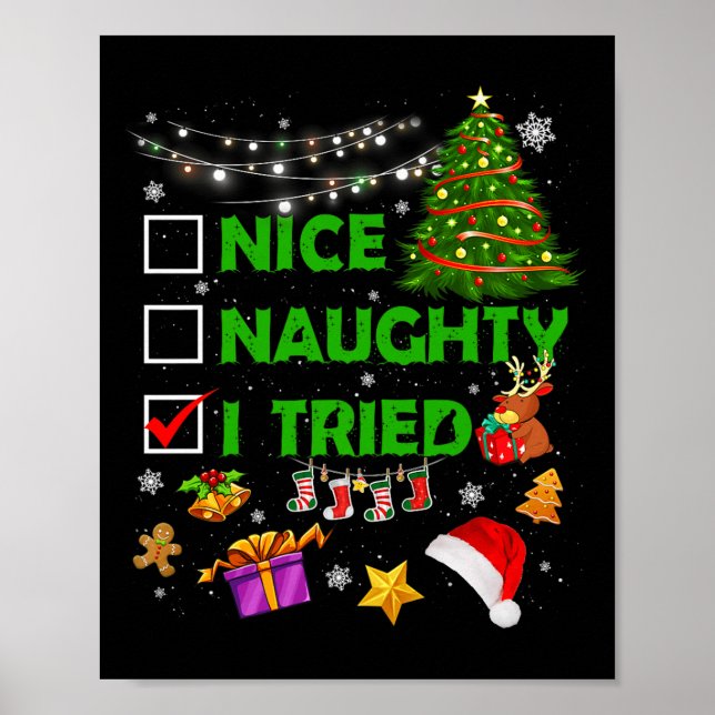 Póster Nice Naughty I Tried Christmas Tree Light Funny Xm (Frente)