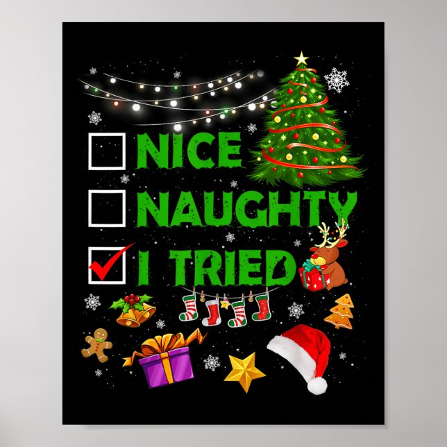 Póster Nice Naughty I Tried Christmas Tree Light Funny Xm (Frente)