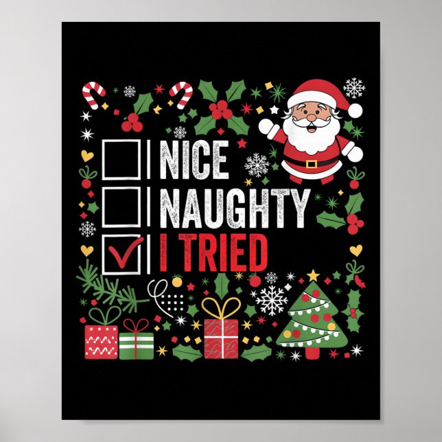 Póster Nice Naughty I Tried Funny Christmas Santa Claus  (Frente)