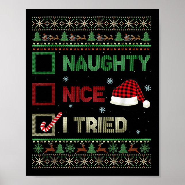 Póster Nice Naughty I Tried Ugly Sweater Red Plaid Christ (Frente)