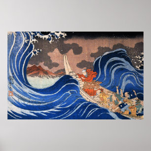 Póster Nichiren calma una tormenta en Kakuda, Kuniyoshi