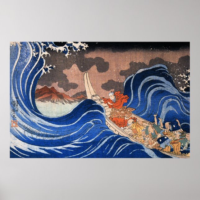 Póster Nichiren calma una tormenta en Kakuda, Kuniyoshi (Frente)
