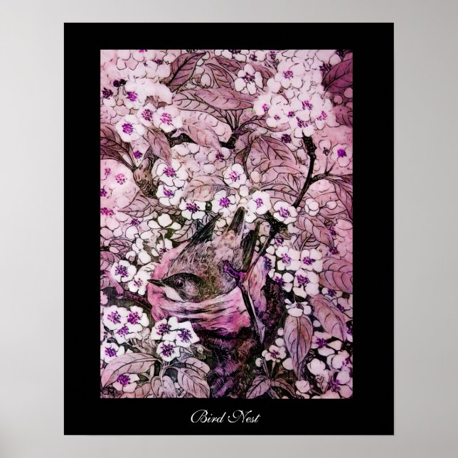 PÓSTER NIDO DE AVES,FLORES DE PRIMAVERA BLANCA ROSA DE ÁR (Frente)