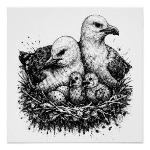 Póster Nido de familia de pájaros – Ilustración de tinta 