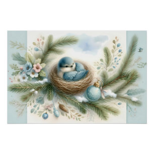 Póster Nido de pájaro azul con adornos en pinos de invier