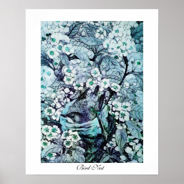 Póster NIDO DE PÁJARO, blanco azul (Frente)
