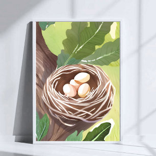 Póster Nido de Pájaro Pintura de Huevos de Acuarela Nat