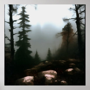 Póster Niebla de bosque matutino más allá del paisaje arr