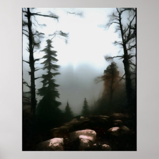 Póster Niebla de bosque matutino más allá del paisaje arr
