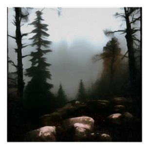 Póster Niebla de bosque matutino más allá del paisaje arr