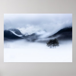 Póster Niebla, montañas y árbol solitario en invierno