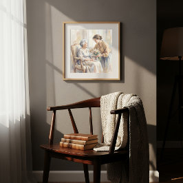 Póster Nieta llevando flores a la pintura de la abuela