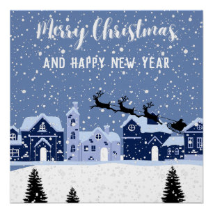 Póster Nieve azul con santa y vacaciones de renos