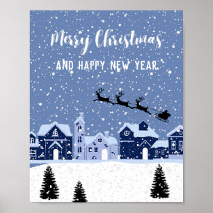 Póster Nieve azul con santa y vacaciones de renos