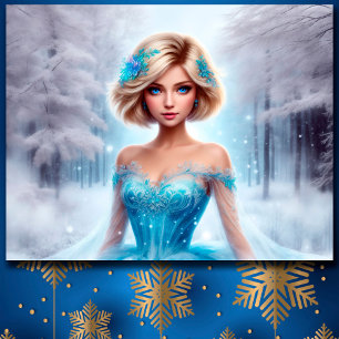Póster Nieve chica azul invierno copos de nieve lindo ado