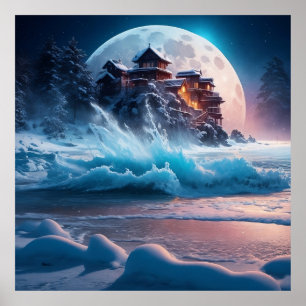 Póster Nieve con copos de nieve, luna llena con playa