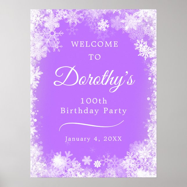 Póster Nieve de Cumpleaños 100 Imprimible Morado de Bienv (Frente)