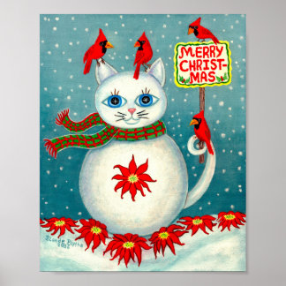 Póster Nieve de Navidad Gato Cardinal Poinsettia Muñeco d