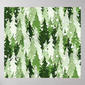 Póster Nieve de pinos: Navidades de acuarela.