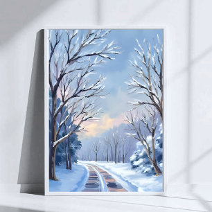Póster Nieve Fresca   Carretera de Invierno Acuarela Natu