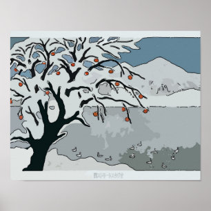 Póster Nieve japonesa, árbol y montaña