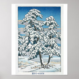 Póster Nieve japonesa, árbol y montaña
