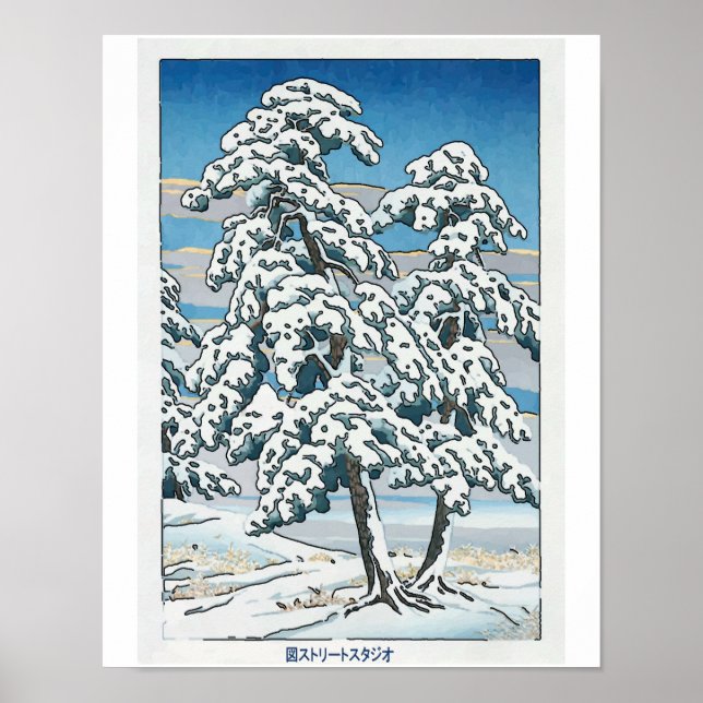 Póster Nieve japonesa, árbol y montaña (Frente)