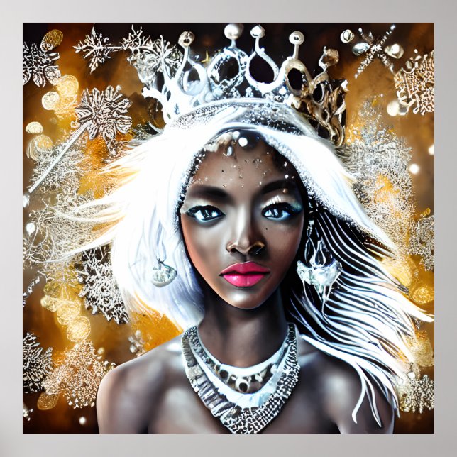 Póster Nieve reina invierno pelo blanco negro melanina af (Frente)