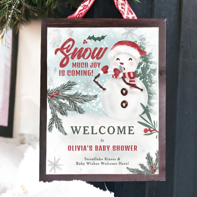 Póster Nieves de pino verde invierno bienvenida ducha beb (Winter green pine ice snowman welcome baby shower poster)