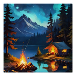 Póster Night Campfire and Mountain View