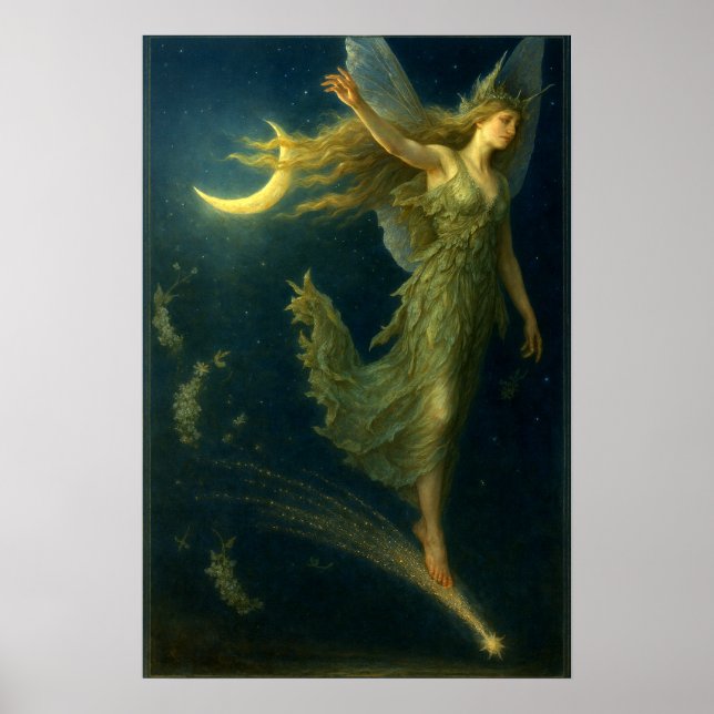 Póster Night Fairy Riding On A Shooting Star Fantasy Art (Frente)