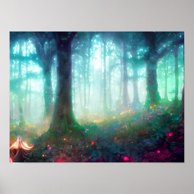 Póster Night Green Mythical Forest - Dreamy Fantasy Art (Frente)