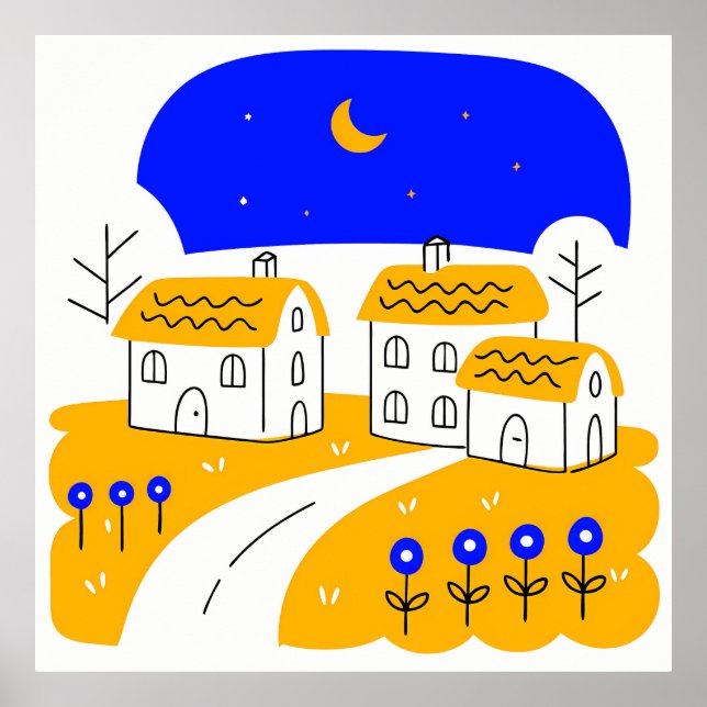 Póster Night Scene of a Small Village Landscape (Frente)
