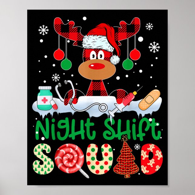 Póster Night Shift Squad Nurse Reindeer Buffalo Red Plaid (Frente)
