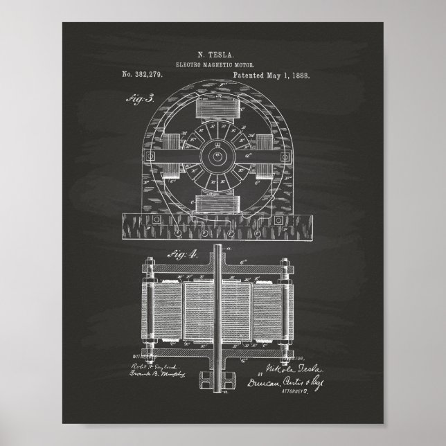 Póster Nikola Tesla 1888 Patent Art - Chalkboard (Frente)