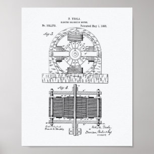Póster Nikola Tesla 1888 Patent Art - Libro Blanco