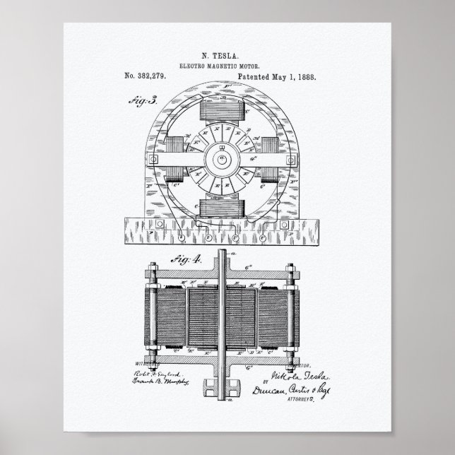 Póster Nikola Tesla 1888 Patent Art - Libro Blanco (Frente)